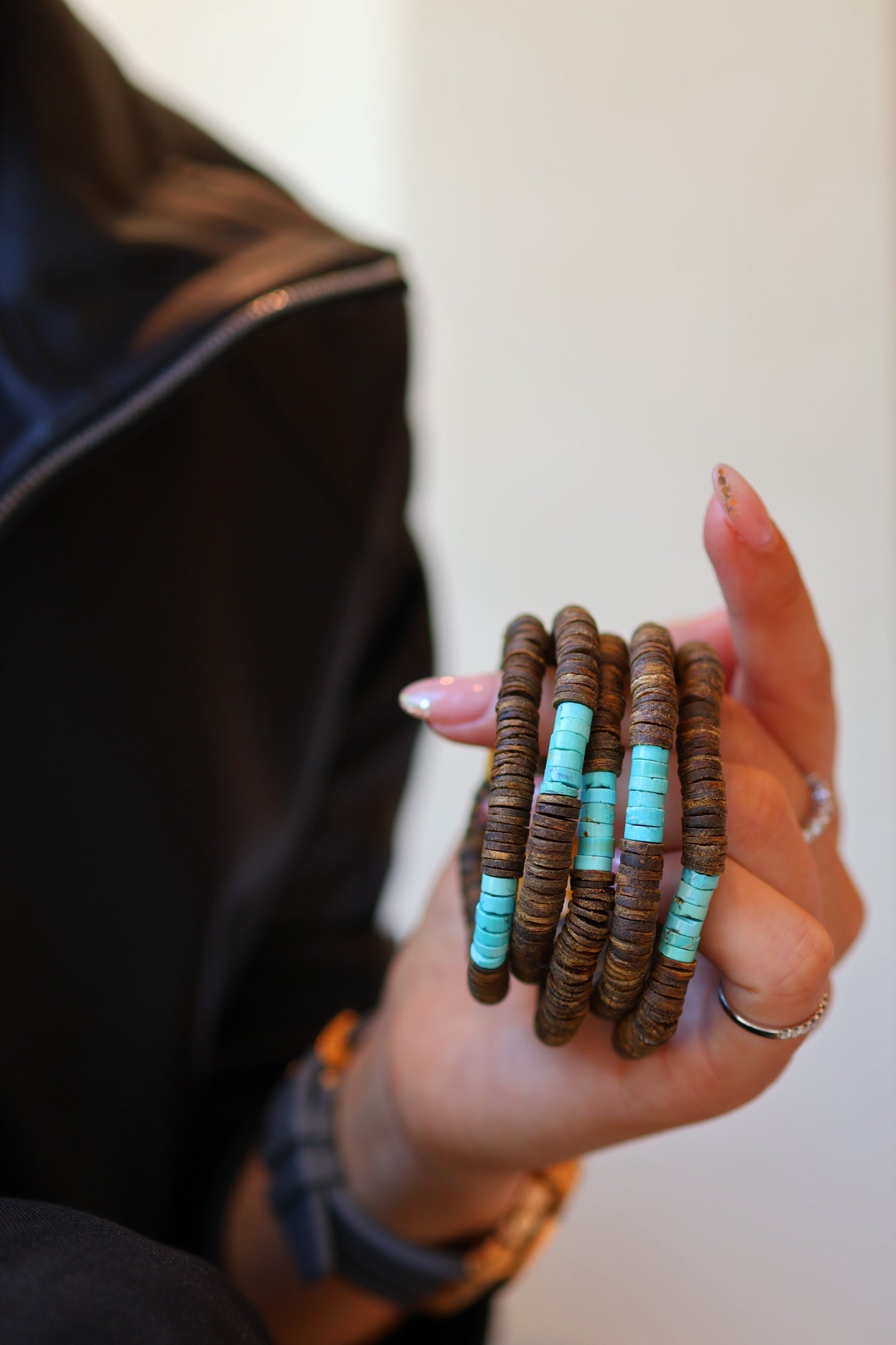 Kynam Agarwood Bracelet, Sky-Blue Turquoise & Beeswax Amber, 6.5mm