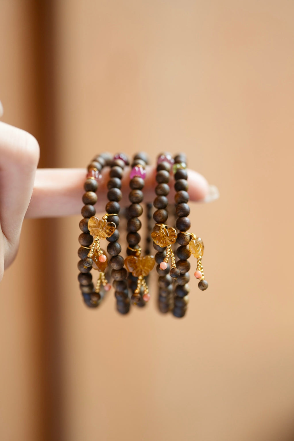Kynam Agarwood Bracelet, Yellow Tourmaline Butterfly & Coral