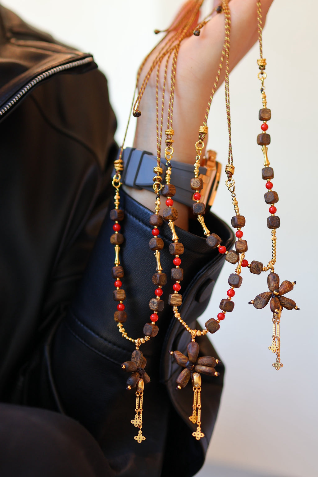 Kynam Agarwood Necklace, Red Coral & Flower Pendant, Handmade Cord