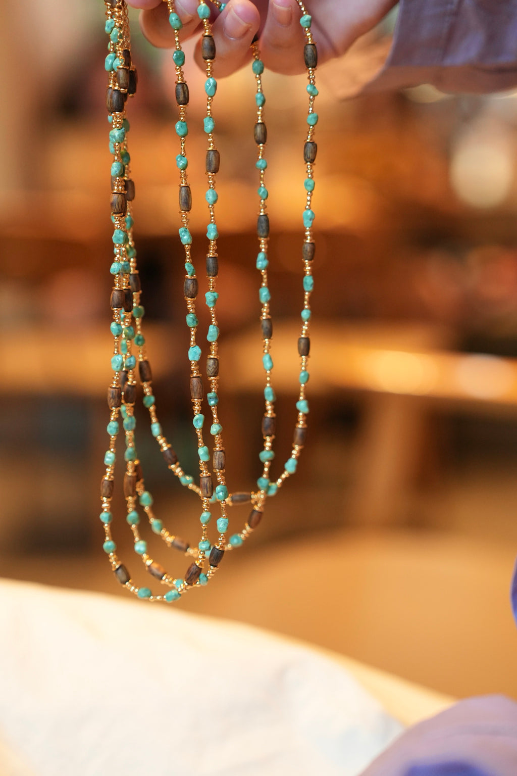 Kynam Agarwood & Turquoise Long Necklace, High-Porcelain Seed Stones, Barrel Beads