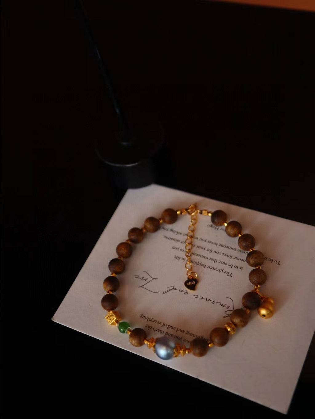 Kynam Agarwood Necklace, Akoya Pearl, Nephrite Jade, 50 cm, Detachable Bracelet