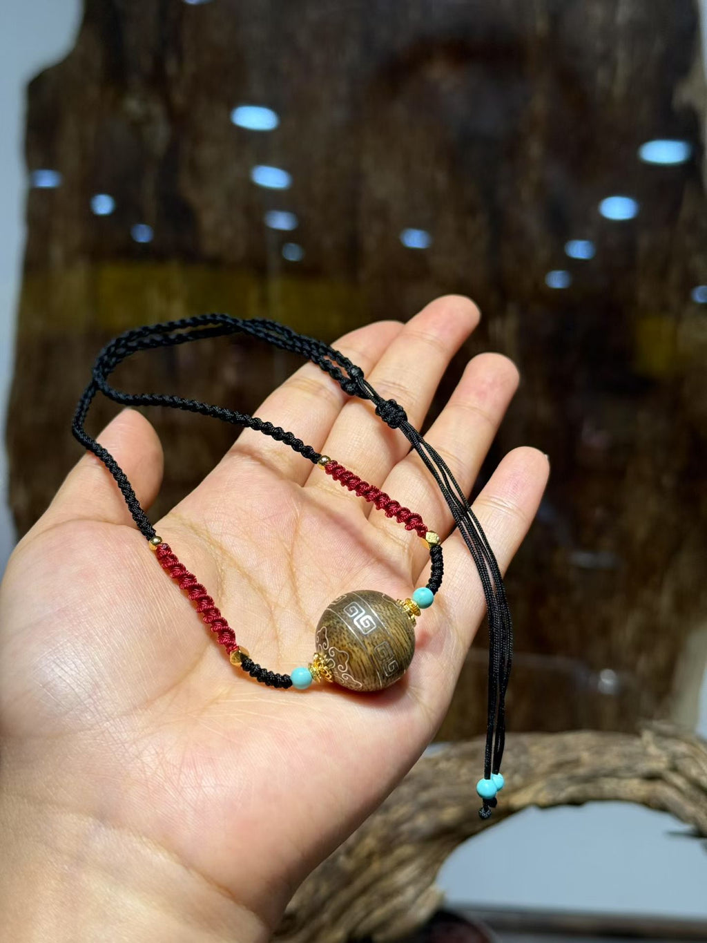 Kynam Agarwood Pendant Necklace, Carved Focal Bead, Handwoven Cord