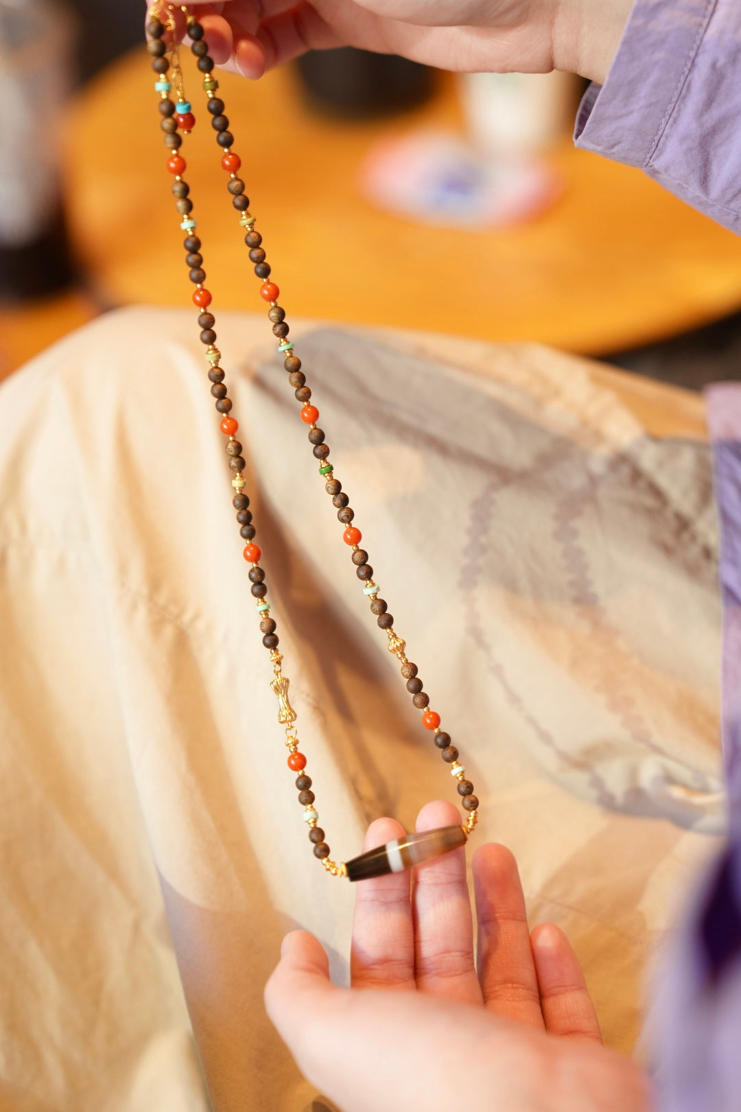 Kynam Agarwood Necklace, South Red Agate, Turquoise & Wound-Silk Agate