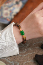 Kynam Agarwood Bracelet, Carved Imperial Green Jade & Pink Coral