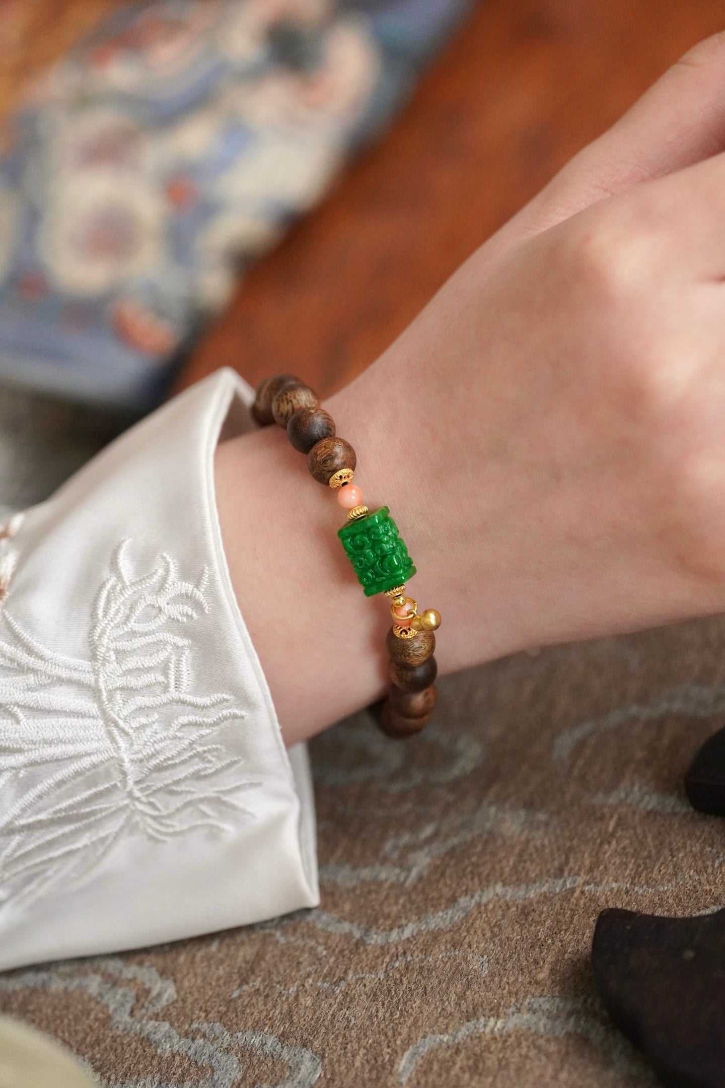 Kynam Agarwood Bracelet, Carved Imperial Green Jade & Pink Coral