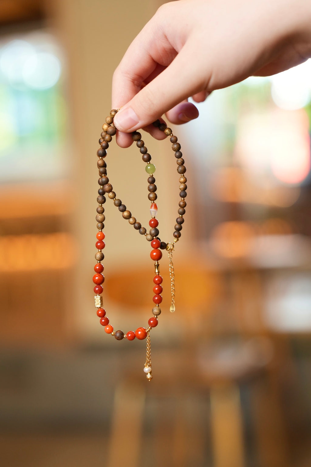 Kynam Agarwood Necklace, South Red Agate, Nephrite Jade & Carnelian