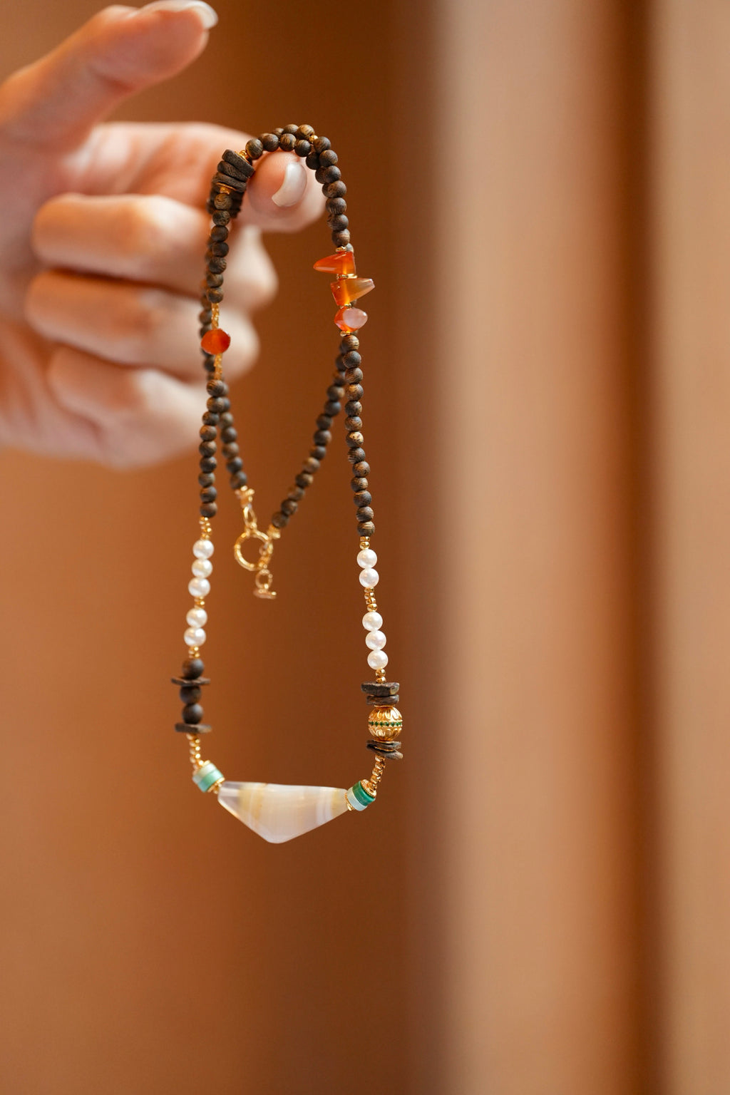 Kynam Agarwood Necklace, Freshwater Pearl, Turquoise & Carnelian