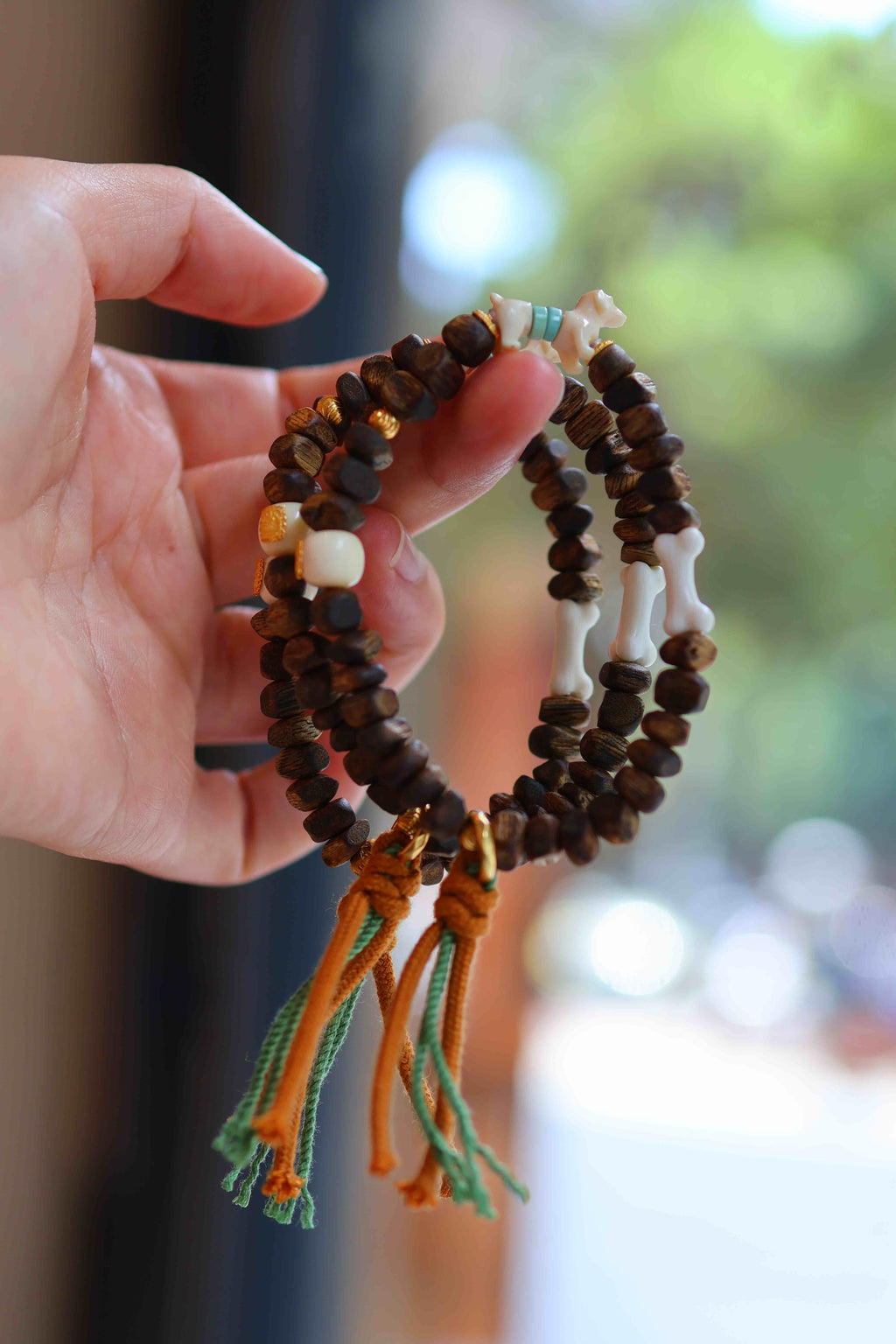 Kynam Agarwood Bracelet, Mammoth Bone Dog Charm, Turquoise, Adjustable Cord