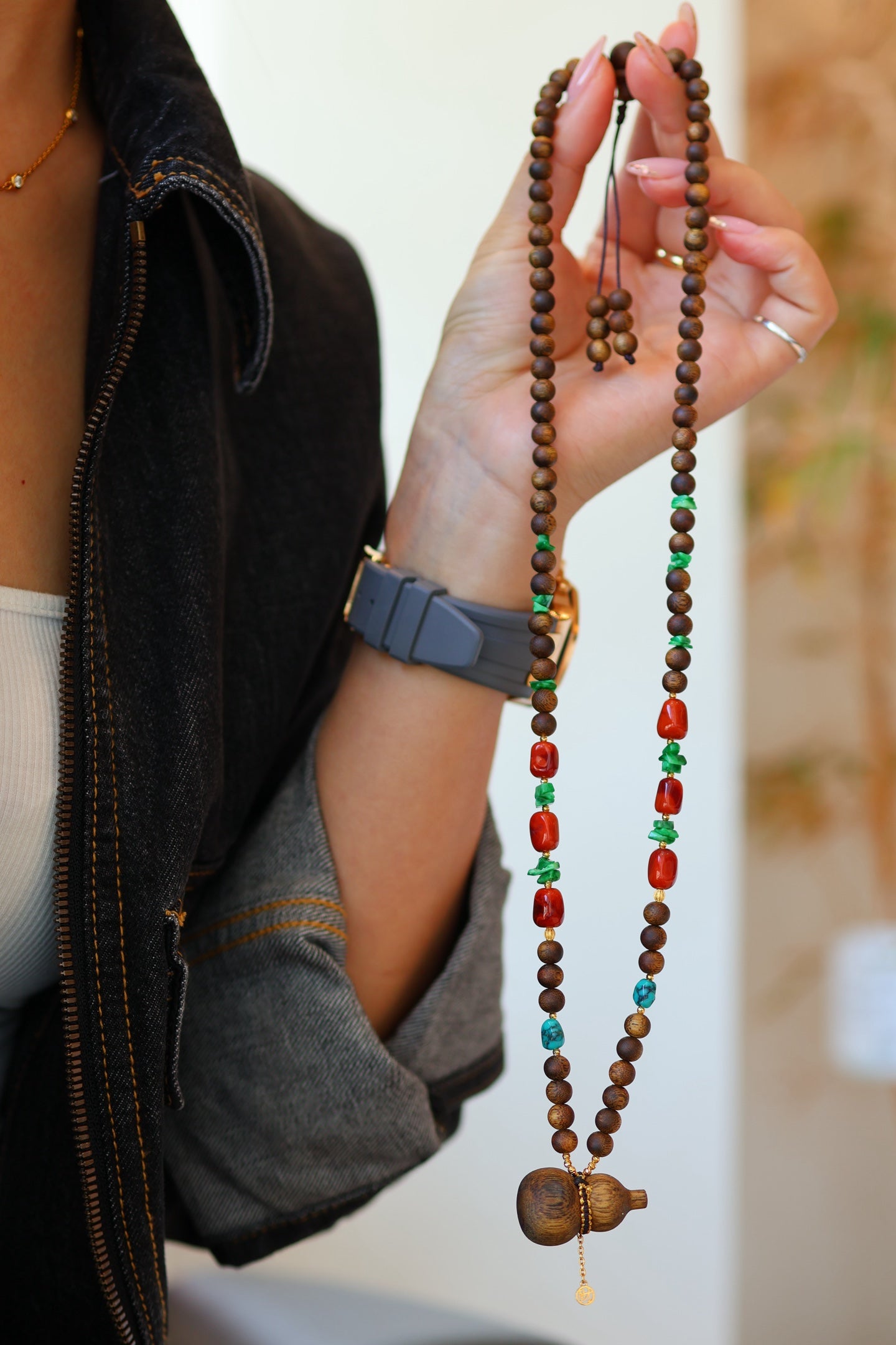 Kynam Agarwood Necklace, Carved Gourd Pendant, South Red & Jadeite