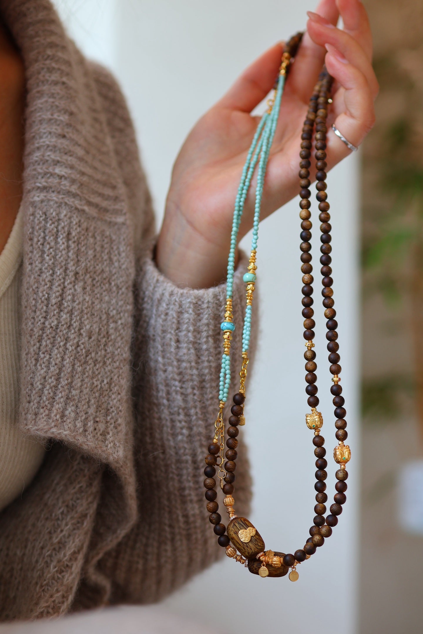 Kynam Agarwood Necklace, Turquoise & Turtle Charms, 60 cm, Detachable