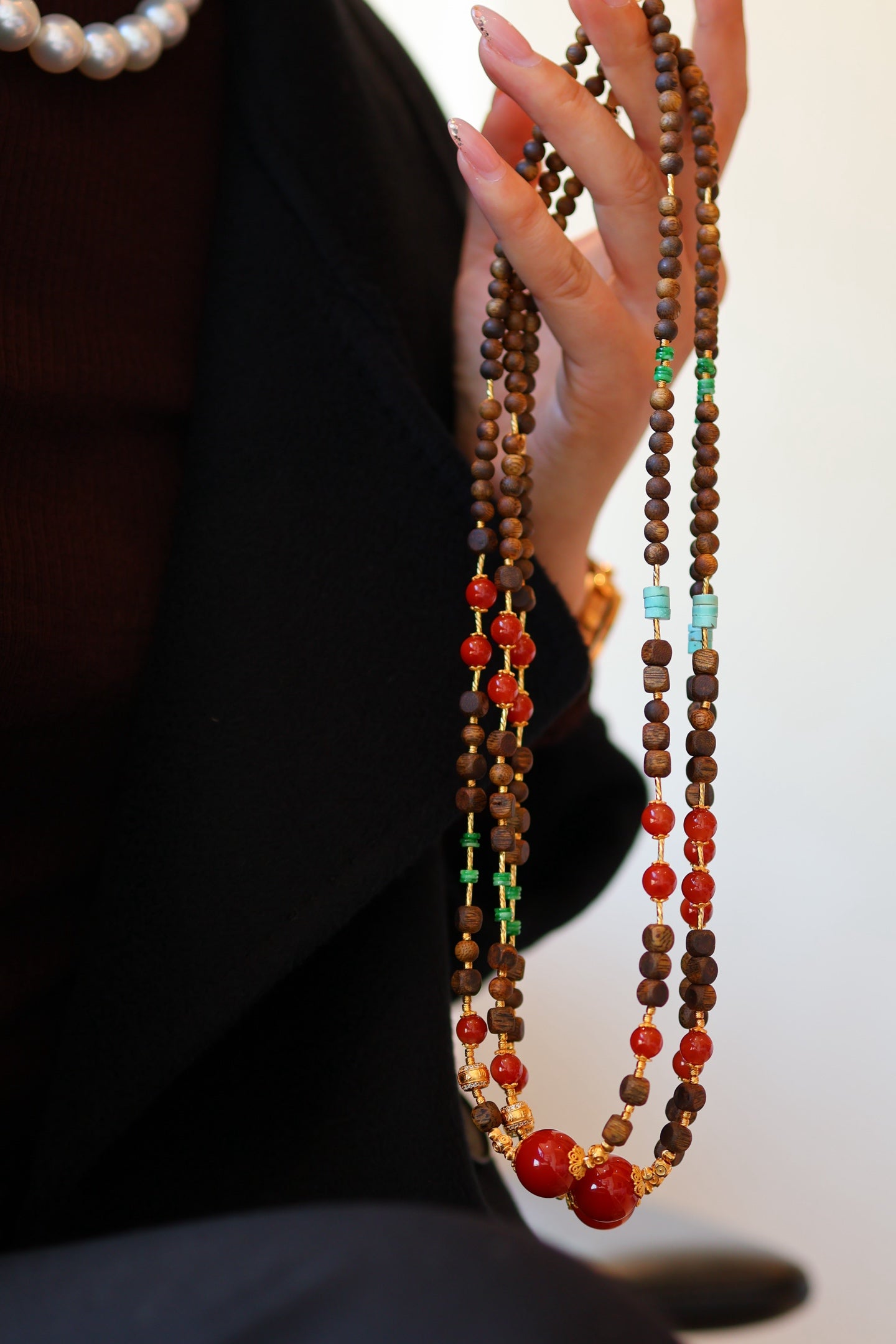 Kynam Agarwood Necklace, South Red Agate, Jadeite & Turquoise, 56cm