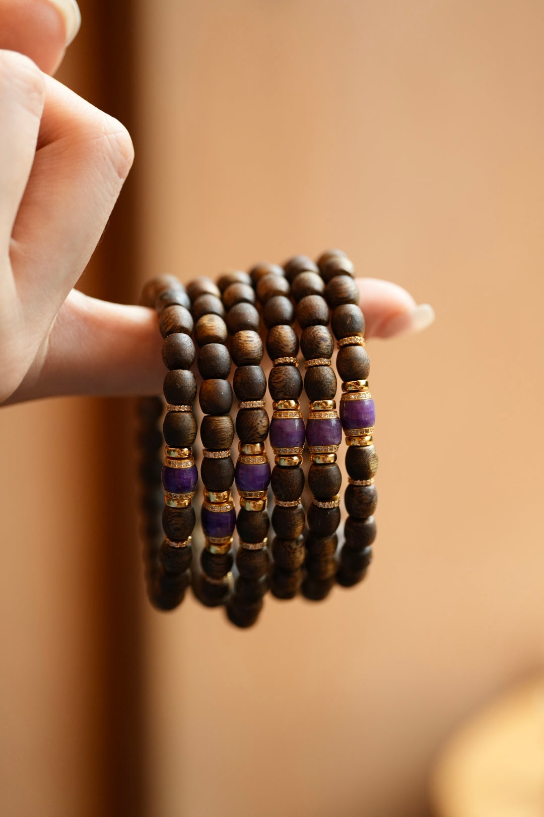 Kynam Agarwood Bracelet, Charoite & Crystal-Set Rondelles