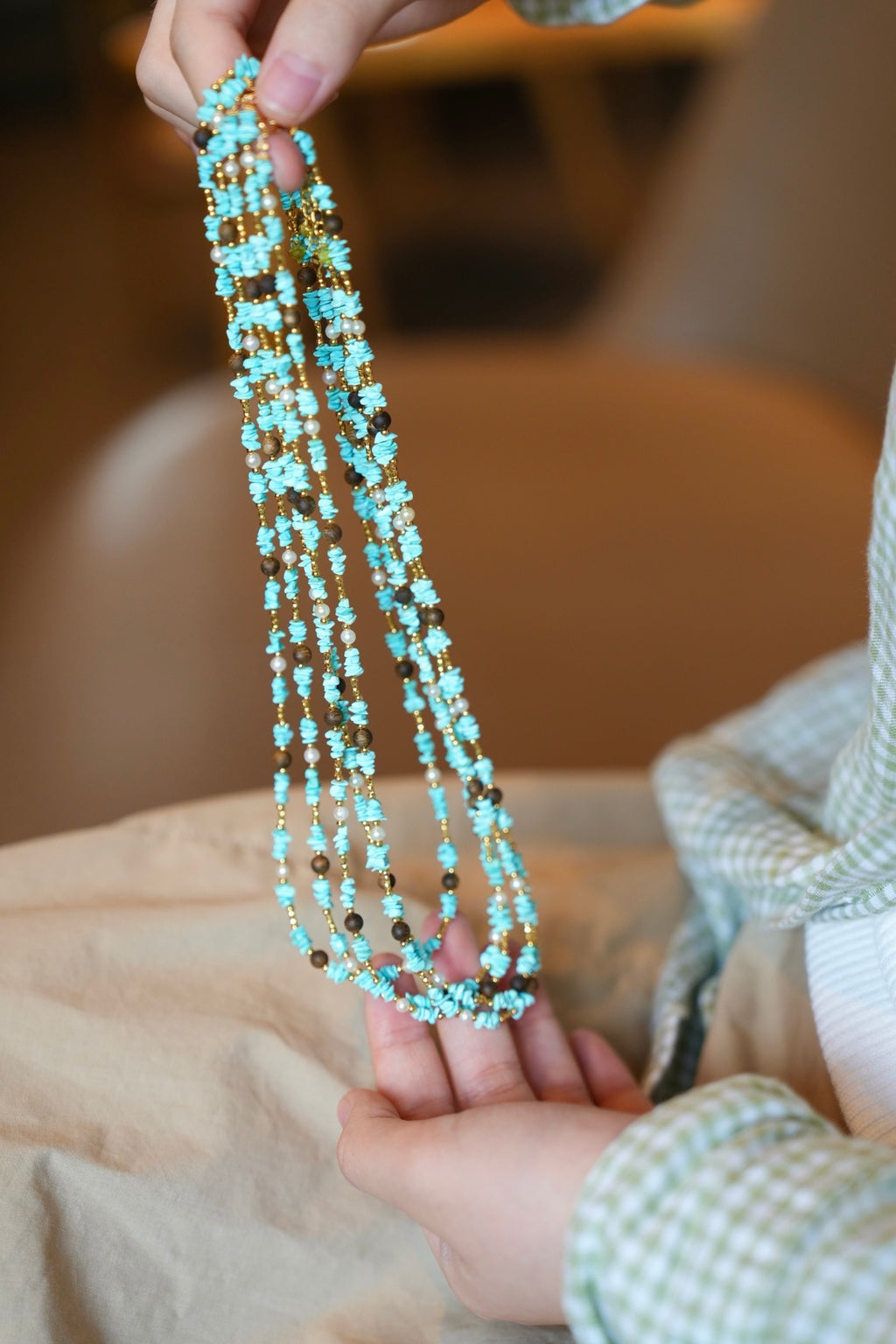 Kynam Agarwood Necklace, Sky-Blue Turquoise & Pearl, Freeform Chips