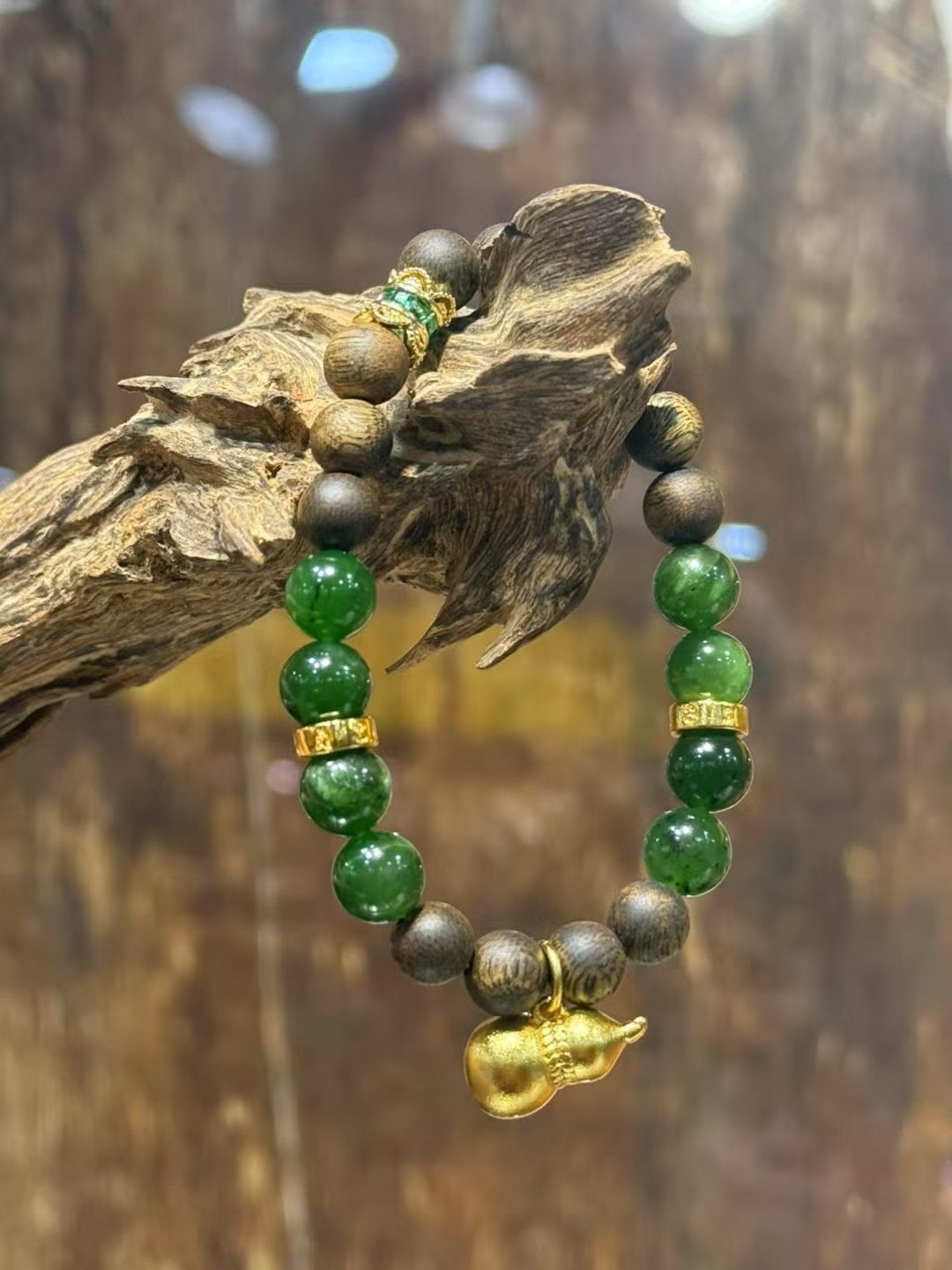 Kynam Agarwood Bracelet, Spinach Jade & Gourd Charm, 8mm