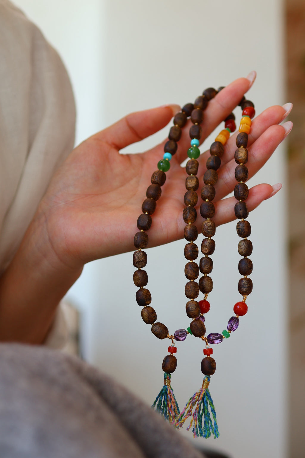Kynam Agarwood Bracelet, Worm-Bore Beads, Five-Stone Accent & Tassel
