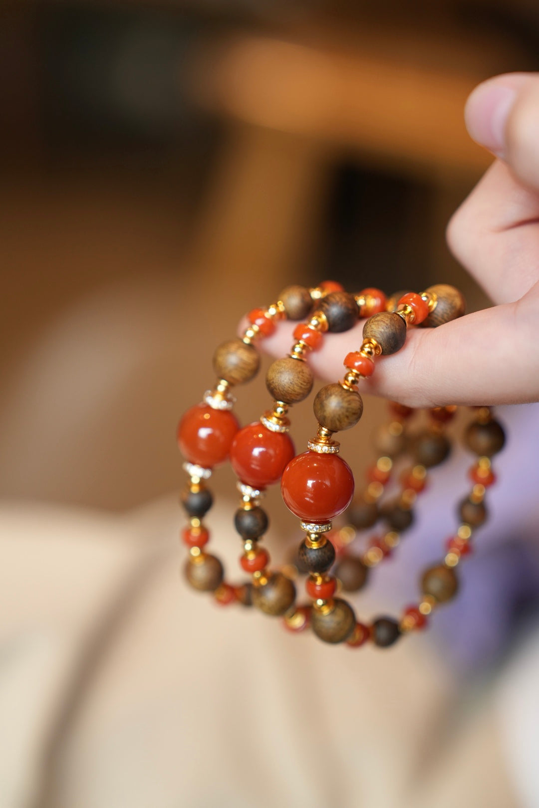 Kynam Agarwood Bracelet, South Red Agate, 6-14mm