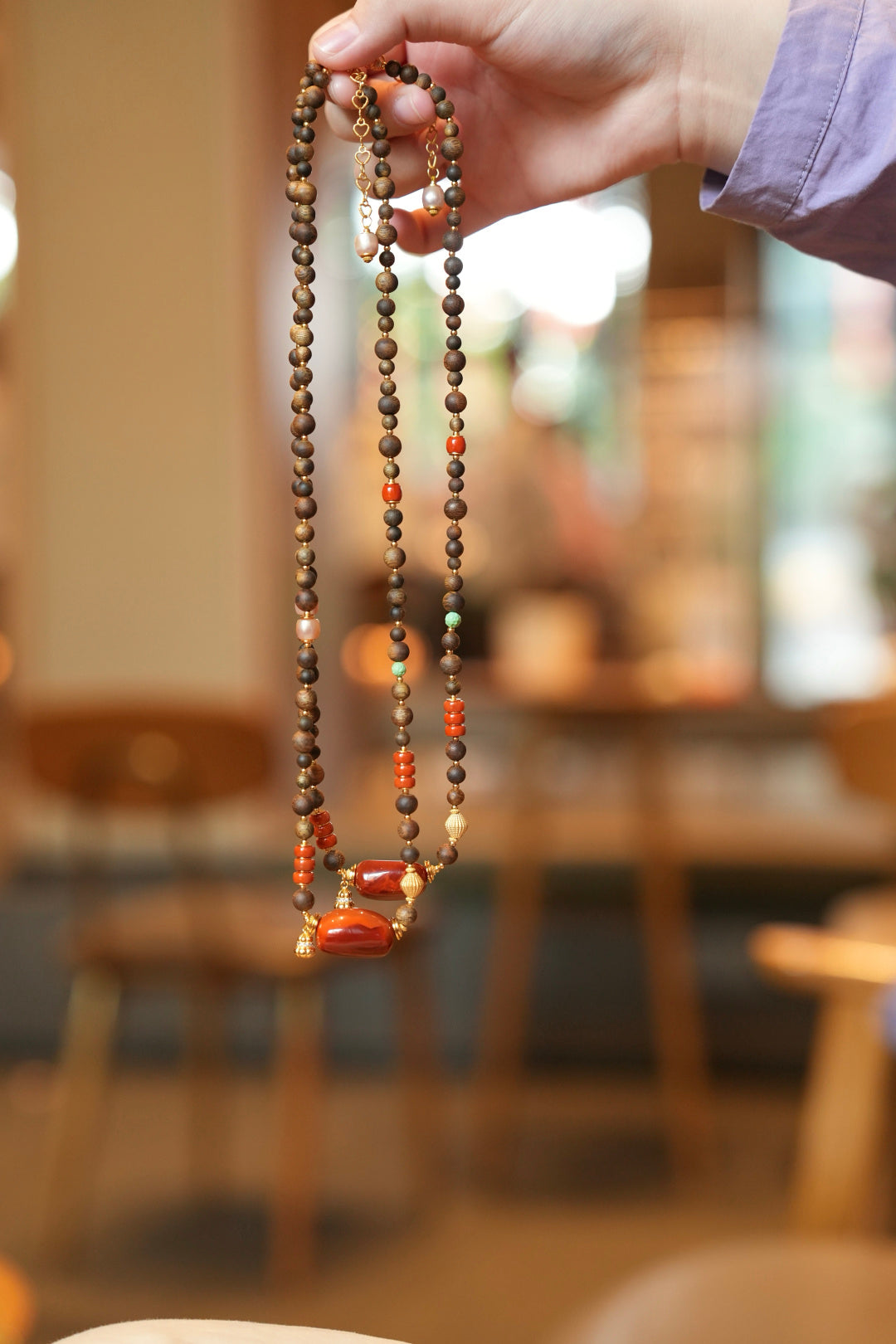 Kynam Agarwood Necklace, South Red Agate Focal, Turquoise & Pearl Accents