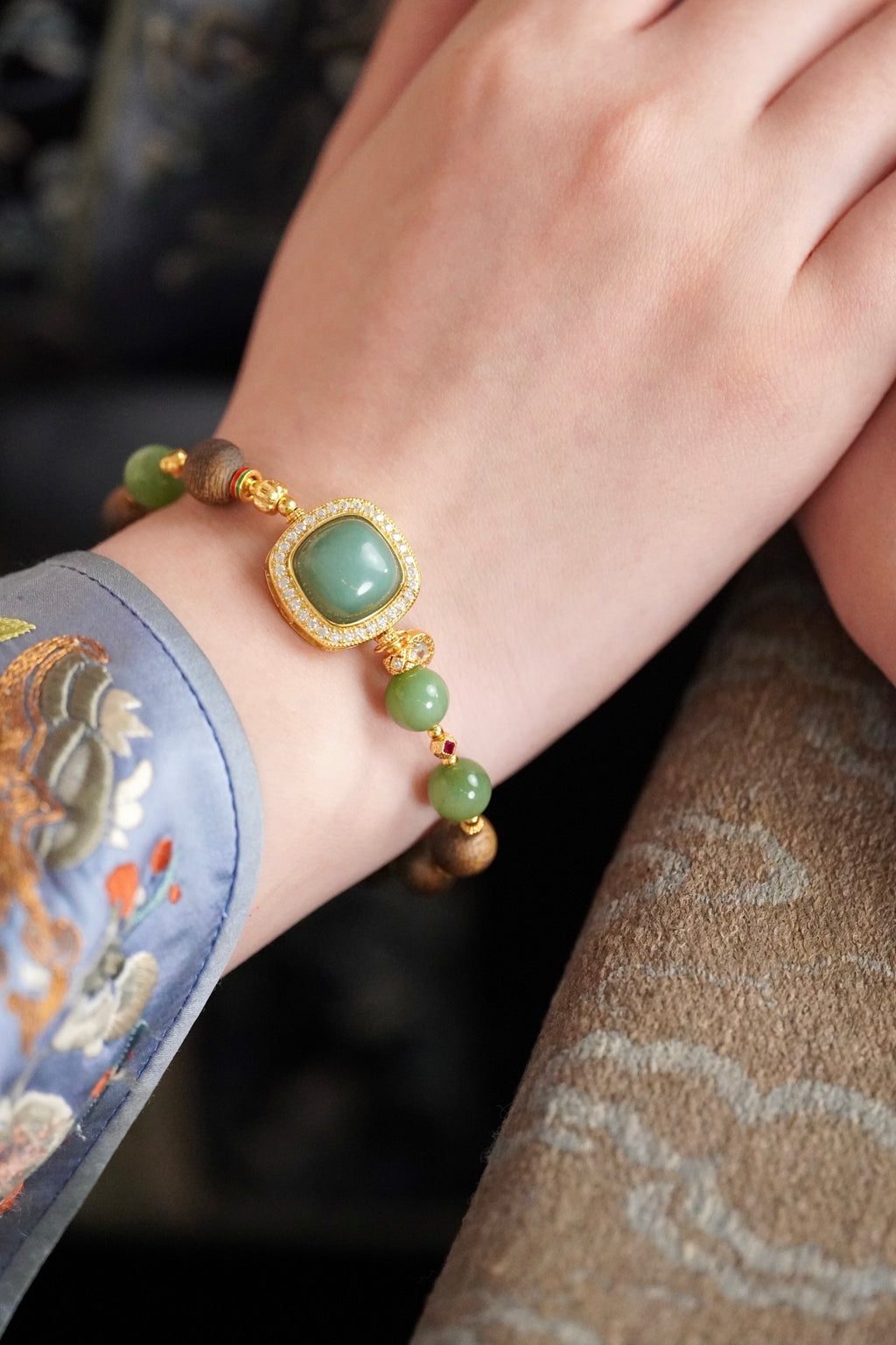 Kynam Agarwood Bracelet, Cat's-Eye Nephrite Jade & Duck-Egg Blue Peace Medallion