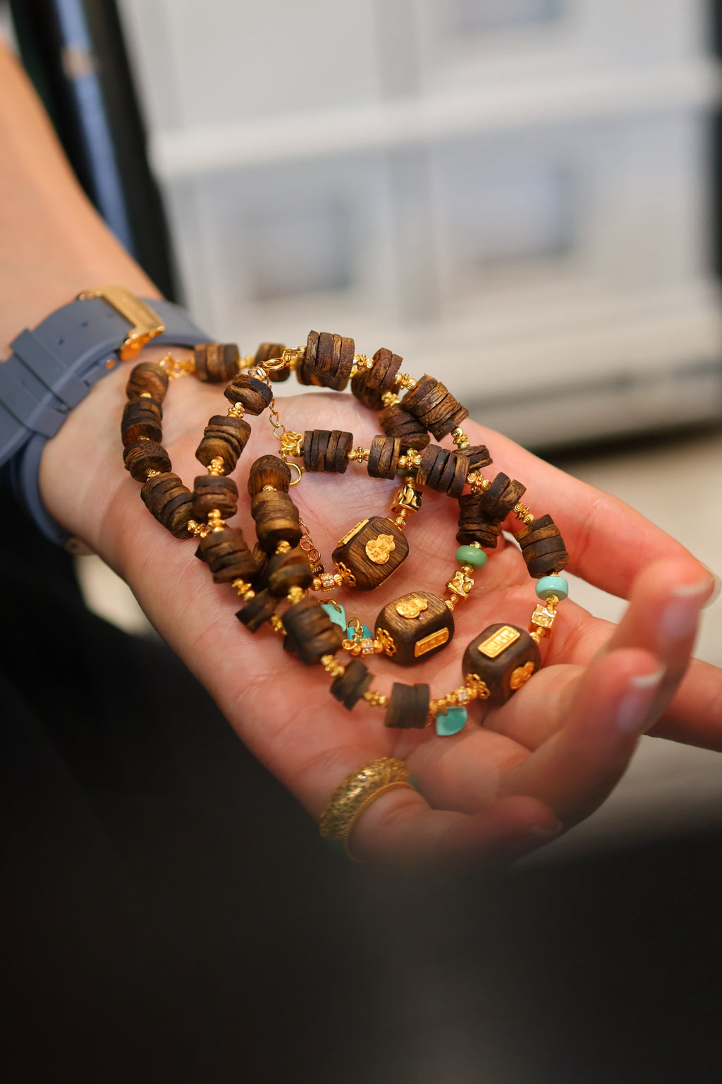 Kynam Agarwood Bracelet, Carved Focal Cube & Sky-Blue Turquoise