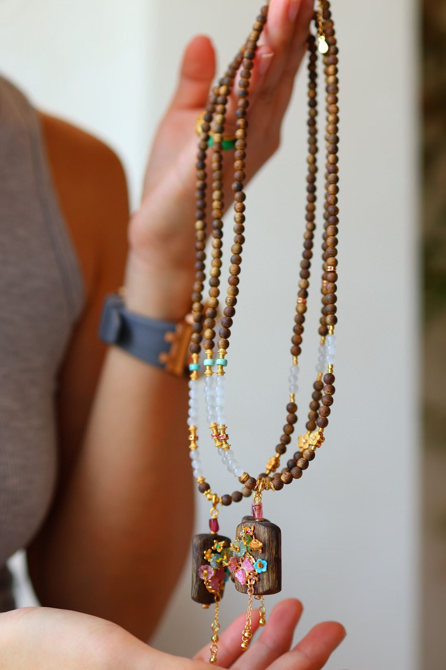 Kynam Agarwood Pendant Necklace, White Jade, Turquoise, and Tourmaline Butterfly