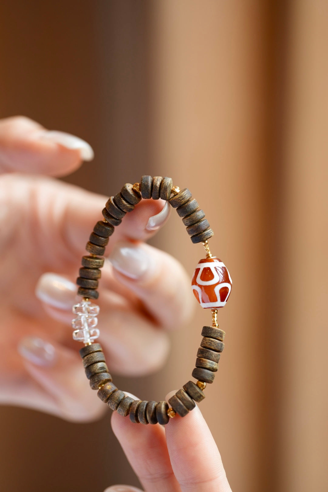 Kynam Agarwood Bracelet, Etched Agate & Clear Quartz