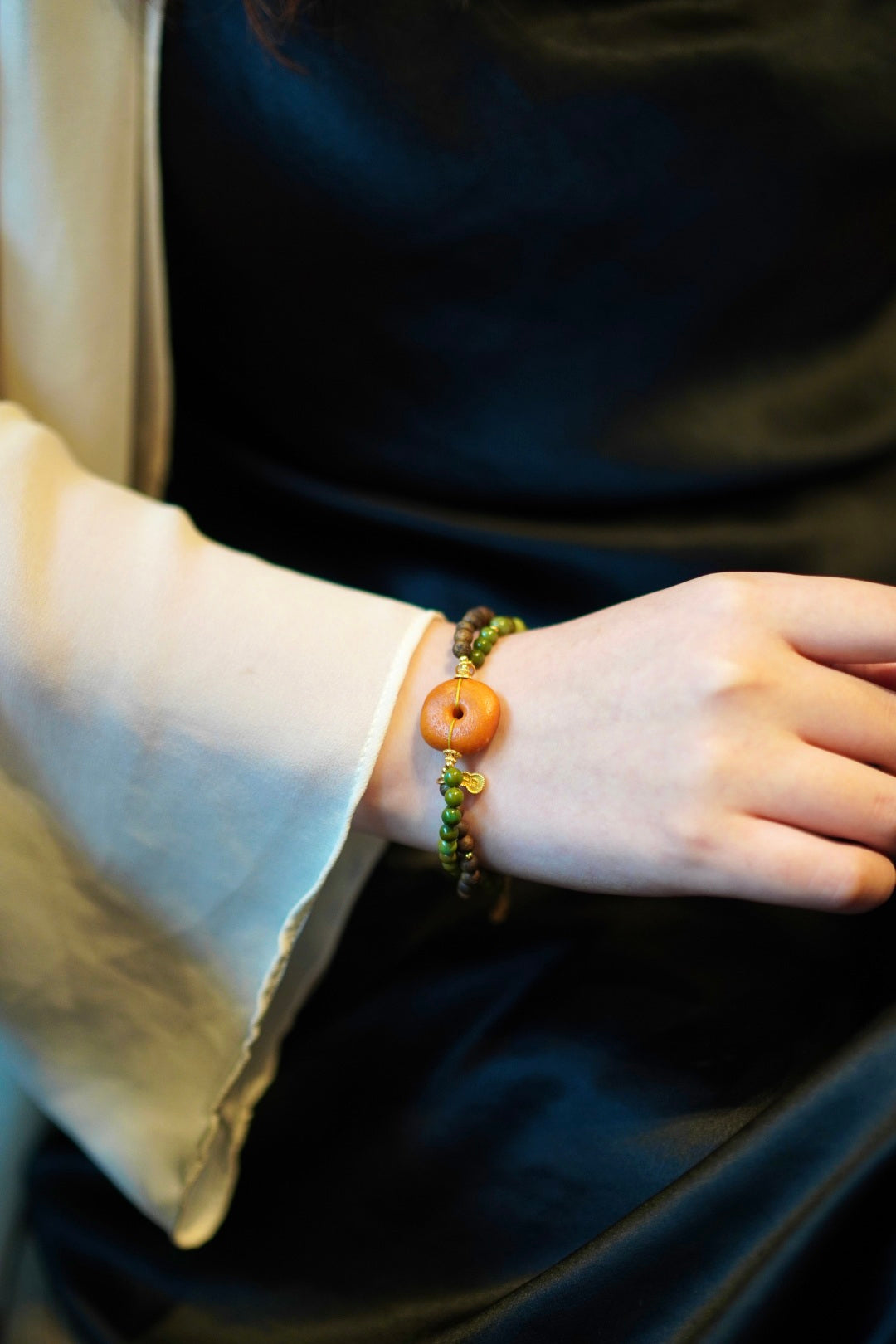 Kynam Agarwood & Turquoise Bracelet, Old Beeswax Amber Disc Focal