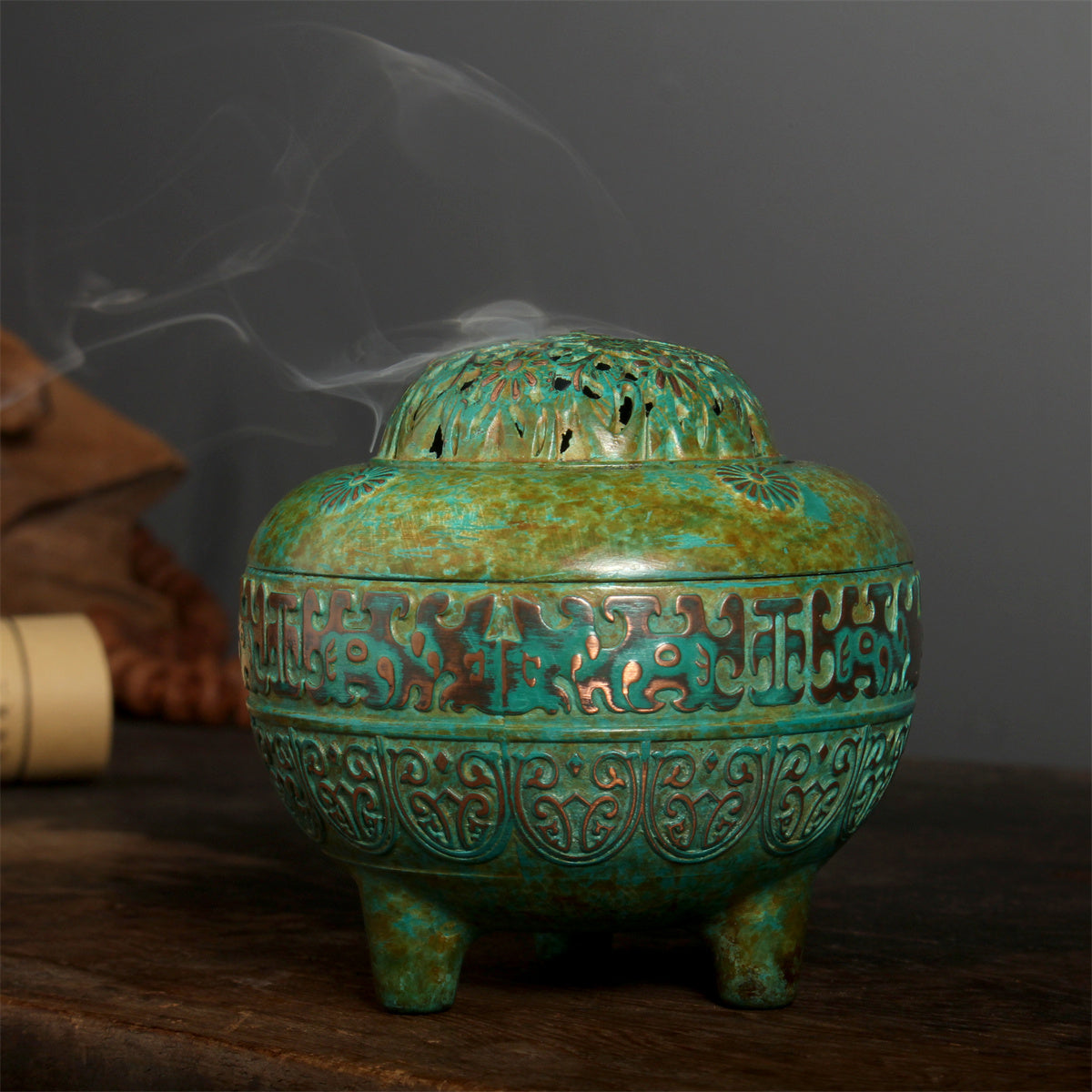 Incense Burner, Pure Copper Tripod, Ancient-Pattern Openwork, Antique Patina