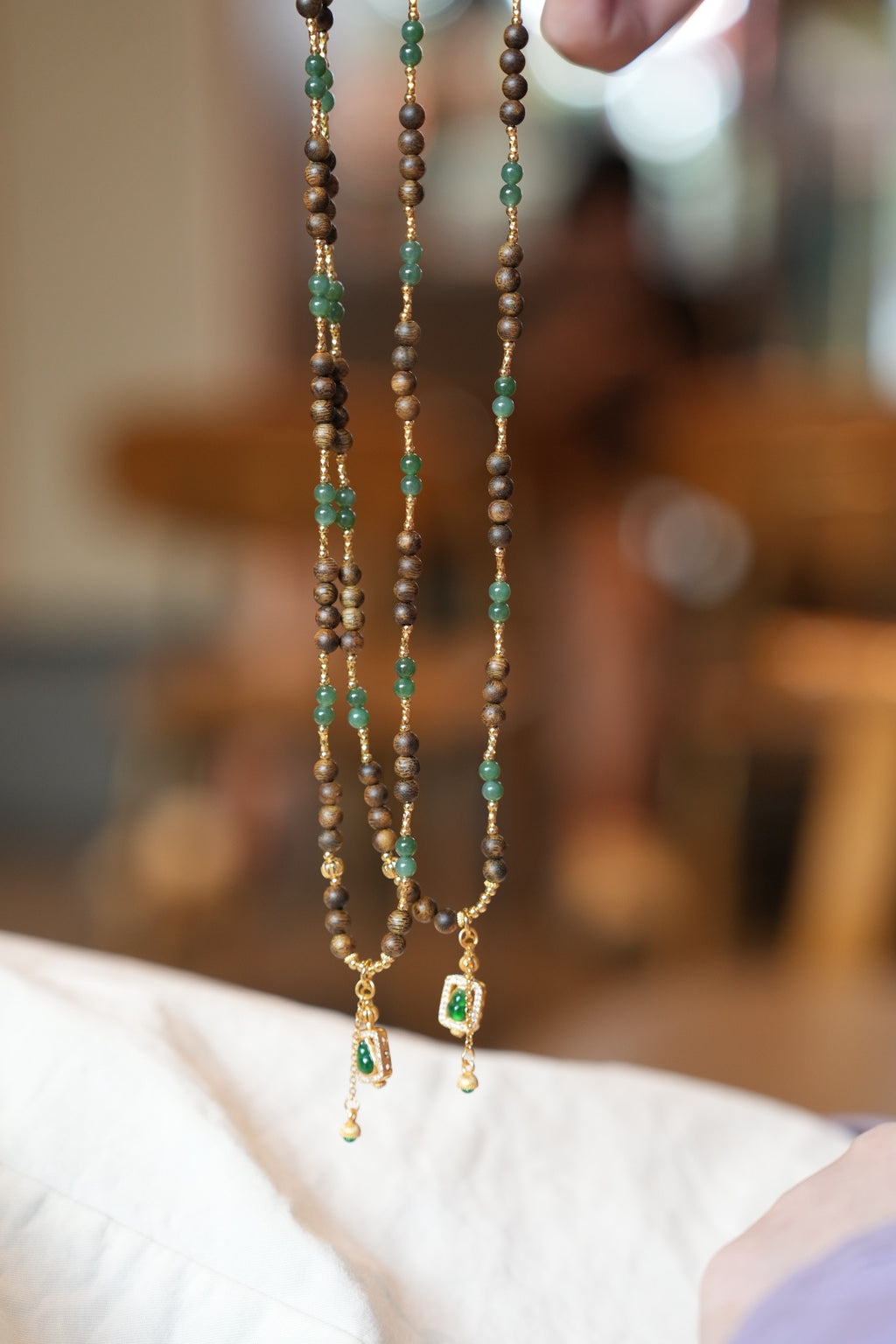 Kynam Agarwood Necklace, Ice-Green Jadeite & Carved Gourd
