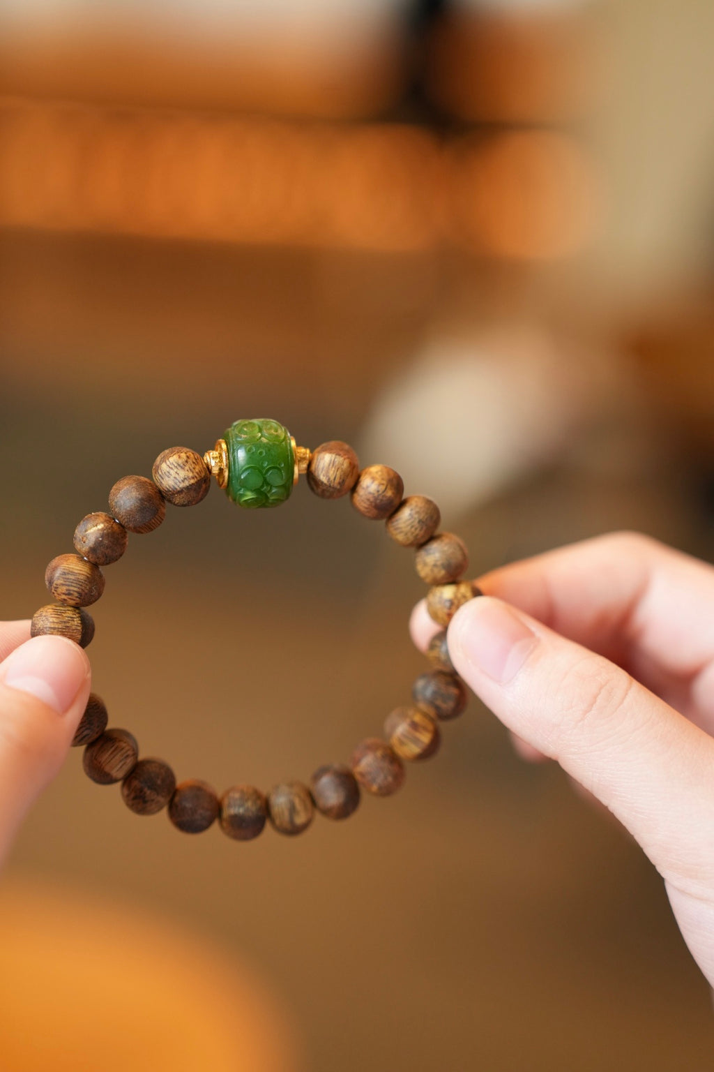 Kynam Agarwood Bracelet, Carved Nephrite Jade Focal