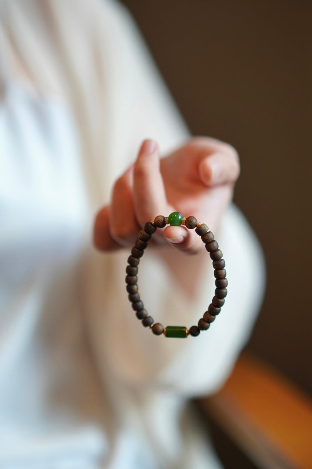 Kynam Agarwood Bracelet, Spinach Green Nephrite Jade