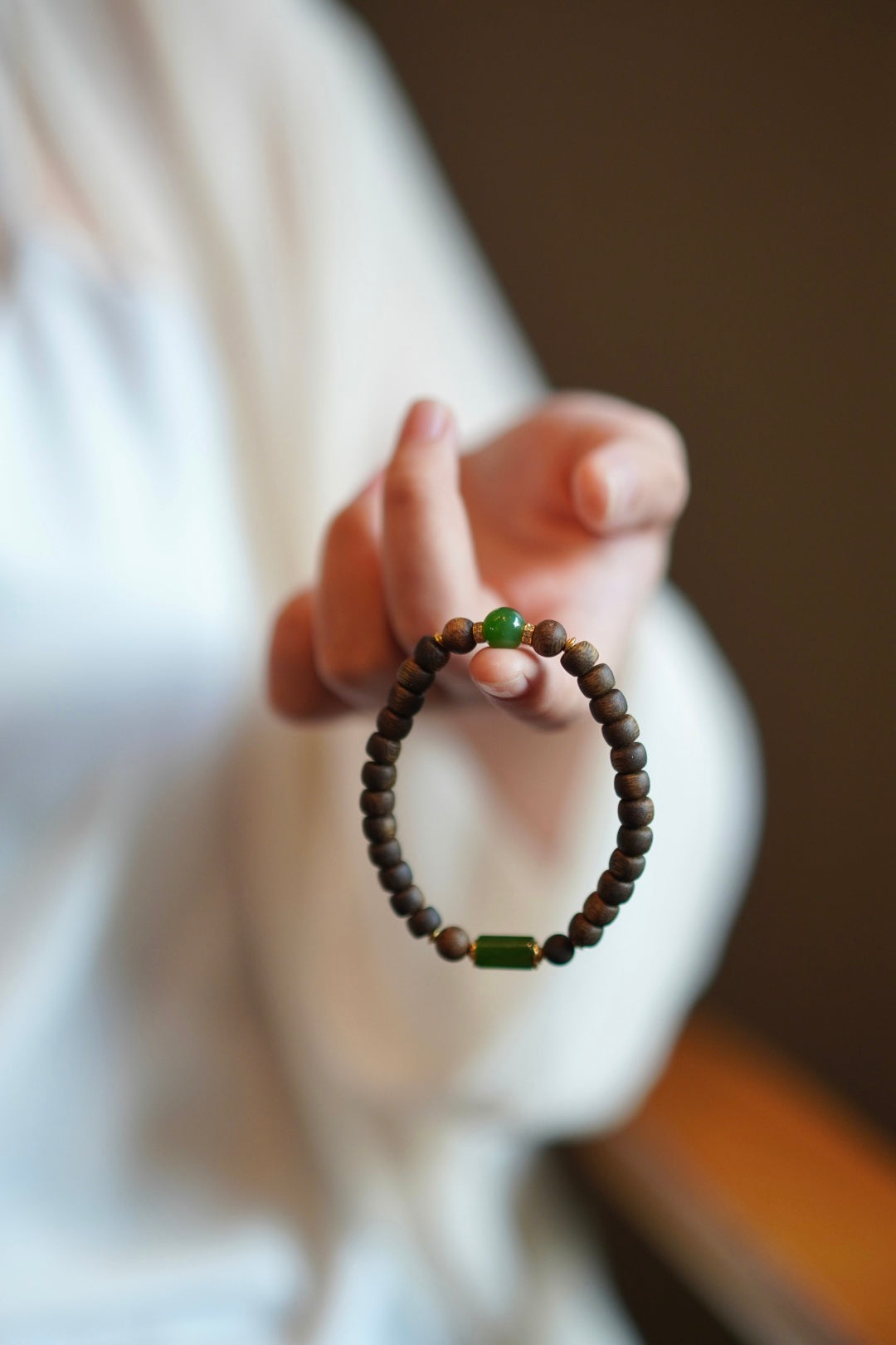 Kynam Agarwood Bracelet, Spinach Green Nephrite Jade