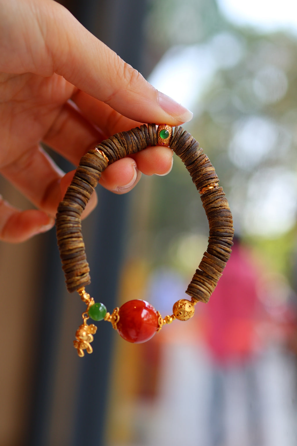 Kynam Agarwood Bracelet, South Red Agate & Jade