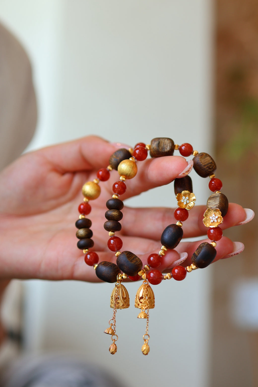 Kynam Agarwood & South Red Agate Bracelet Set, Plum Blossom Charm