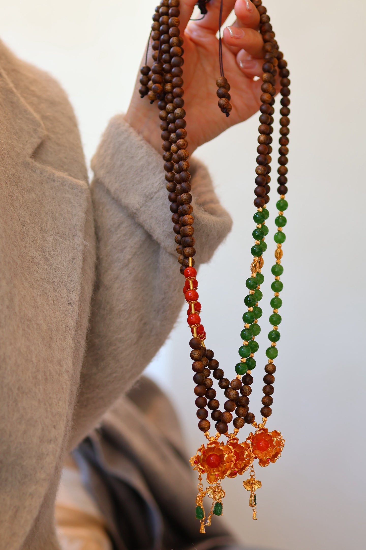 Kynam Agarwood Necklace, Jade, South Red Agate & Lotus Pendant