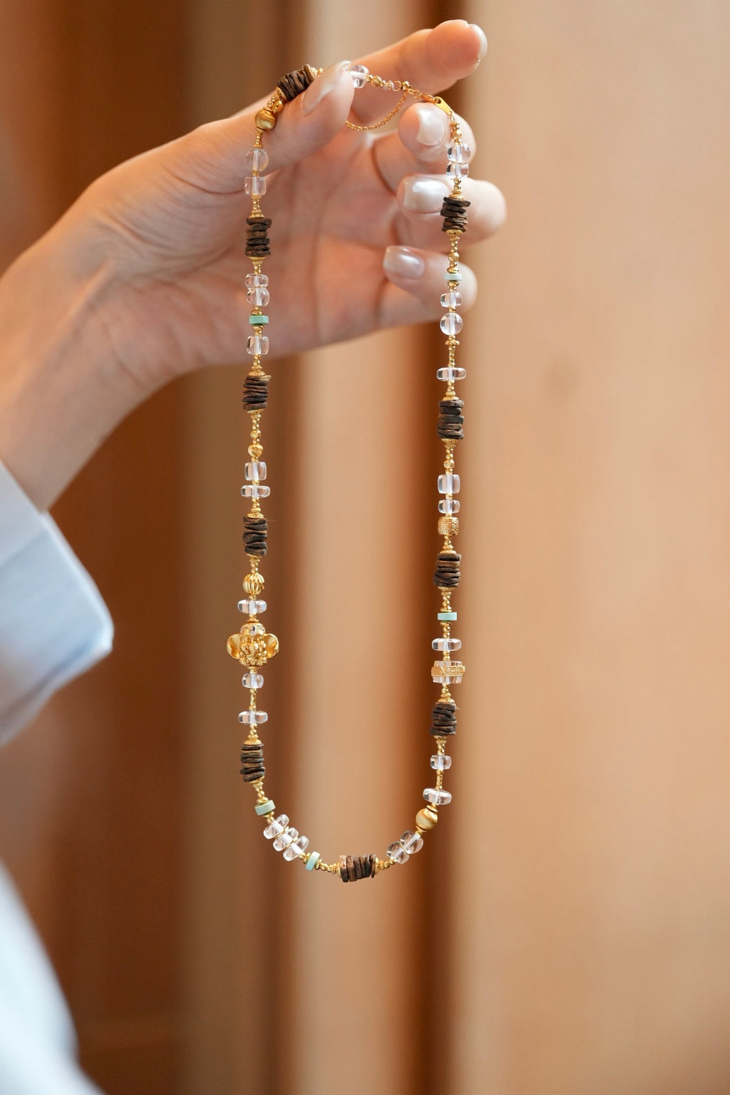 Kynam Agarwood Necklace, White Crystal, Turquoise & Ganesha