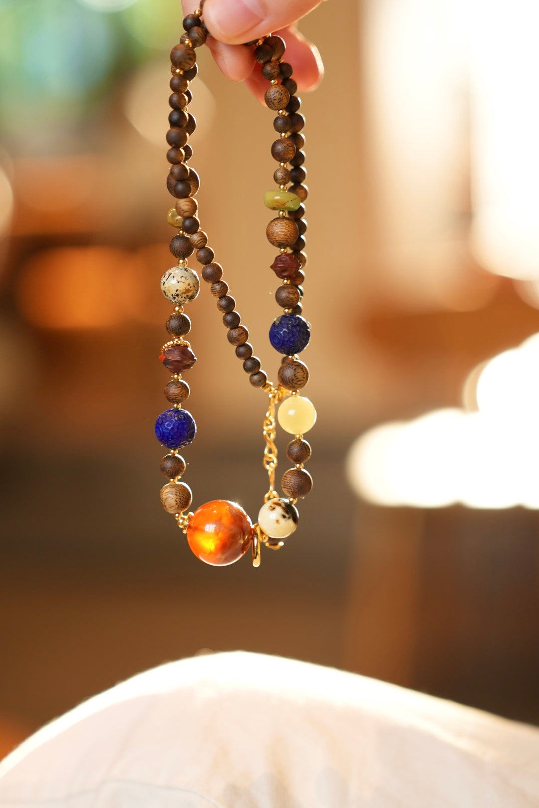 Kynam Agarwood Multi-Treasure Necklace, Cave Amber Main Bead, Lapis, South Red, Nephrite Jade, Turquoise