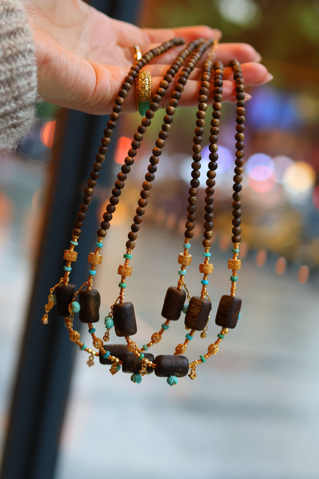 Kynam Agarwood Necklace, Sky-Blue Turquoise & Carved Flower Drops, 4.5mm, 45cm