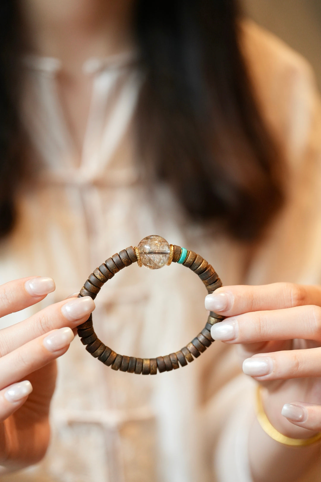 Kynam Agarwood Bracelet, Rutilated Quartz & Turquoise, Disc-Cut