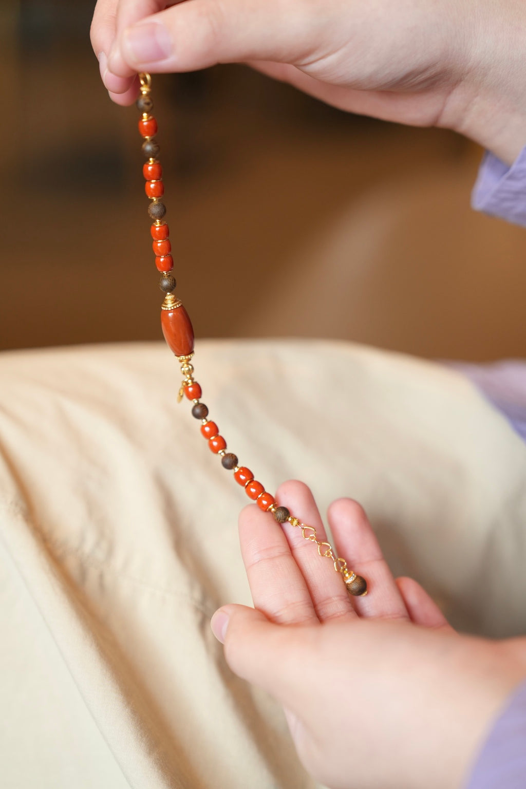 Kynam Agarwood Bracelet, South Red Agate Barrels & Beads