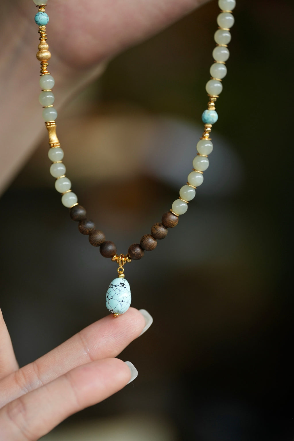 Kynam Agarwood Necklace, Nephrite Jade & Turquoise Drop
