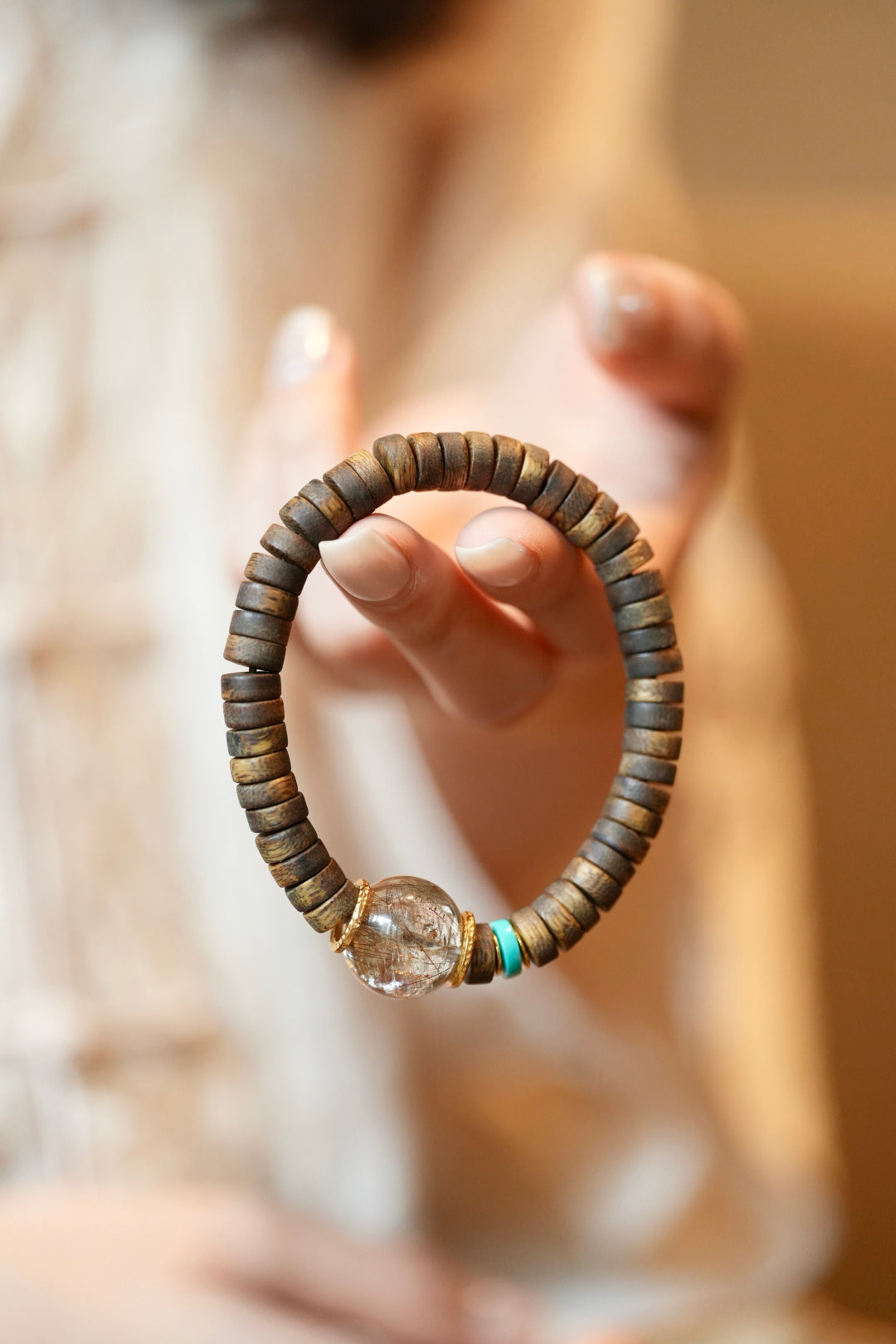 Kynam Agarwood Bracelet, Rutilated Quartz & Turquoise, Disc-Cut