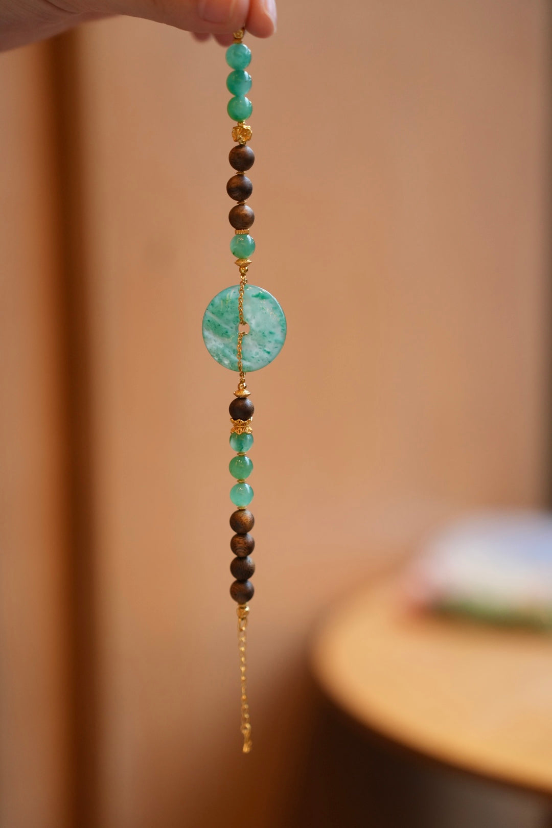 Kynam Agarwood Necklace, Green Aventurine & Peace-Clasp Pendant