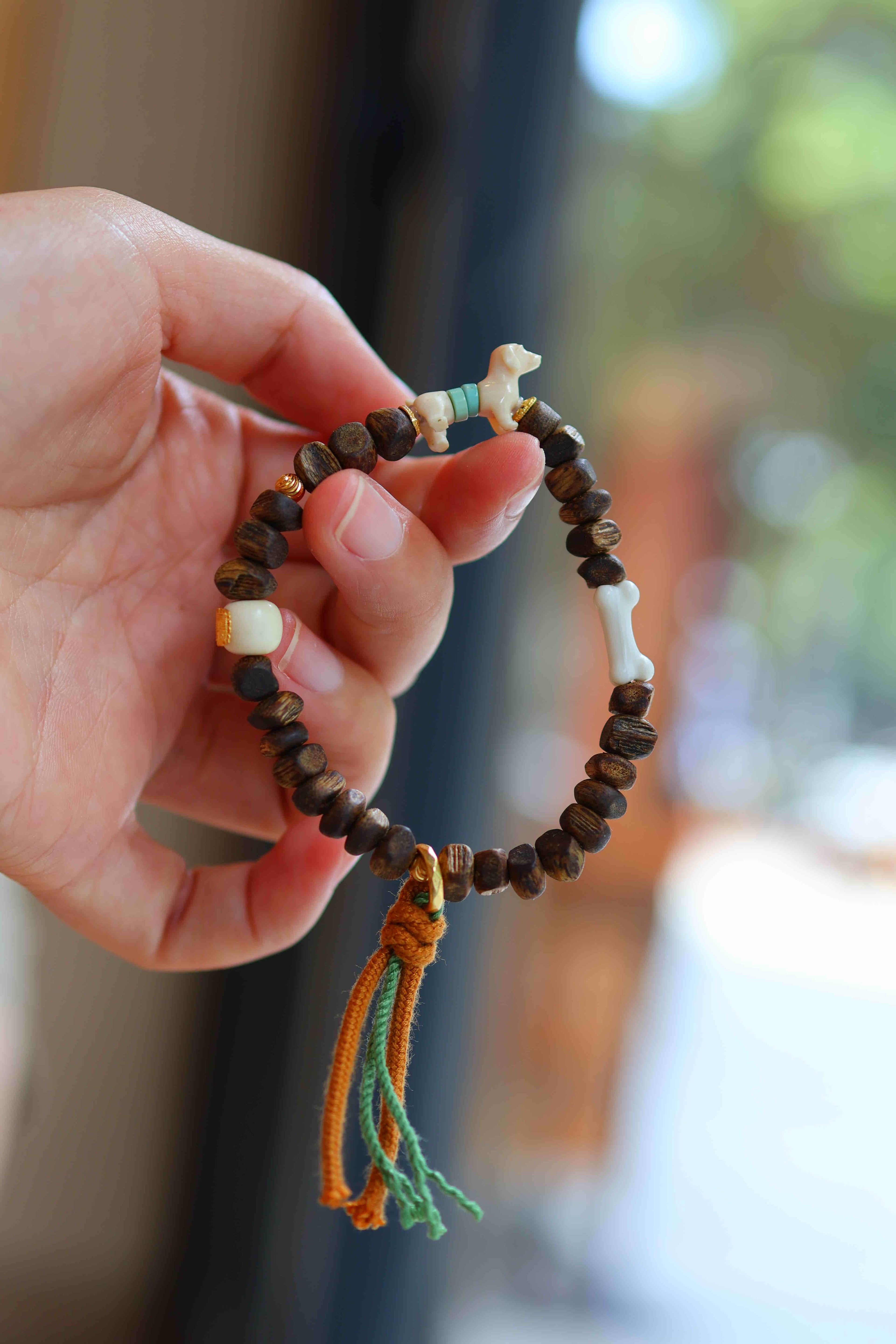 Kynam Agarwood Bracelet, Mammoth Bone Dog Charm, Turquoise, Adjustable Cord