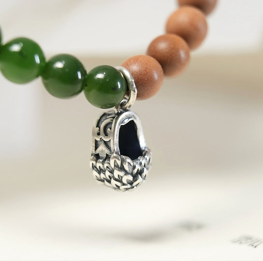 Mysore Sandalwood Bracelet, Green Nephrite Jade