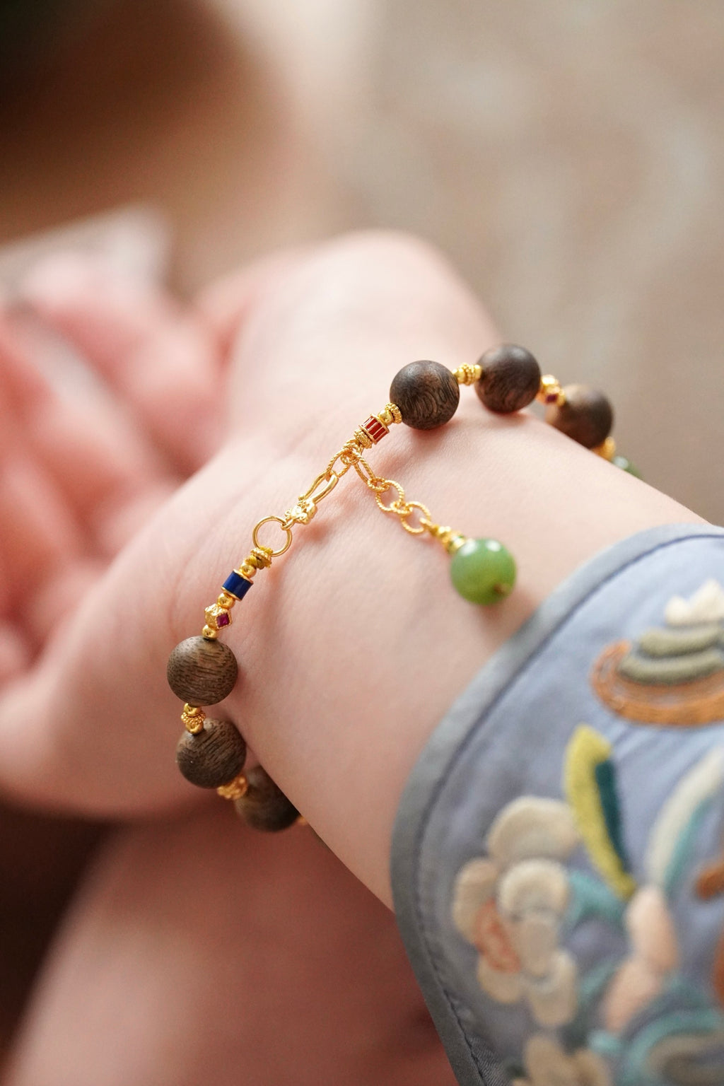 Kynam Agarwood Bracelet, Cat's-Eye Nephrite Jade & Duck-Egg Blue Peace Medallion