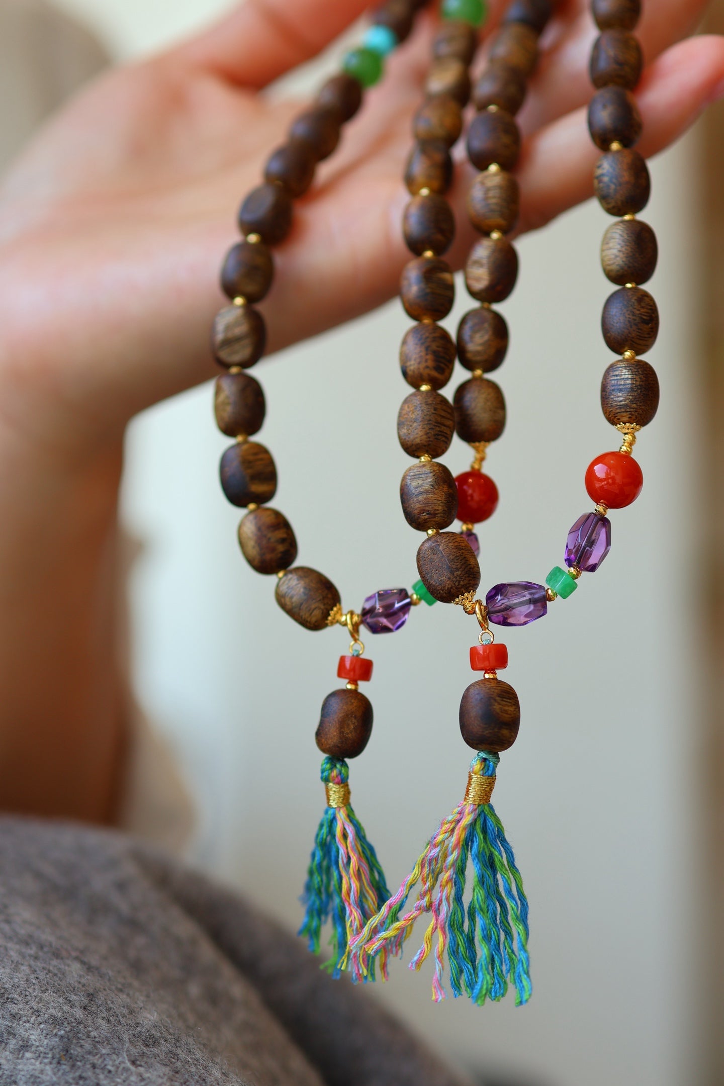 Kynam Agarwood Bracelet, Worm-Bore Beads, Five-Stone Accent & Tassel