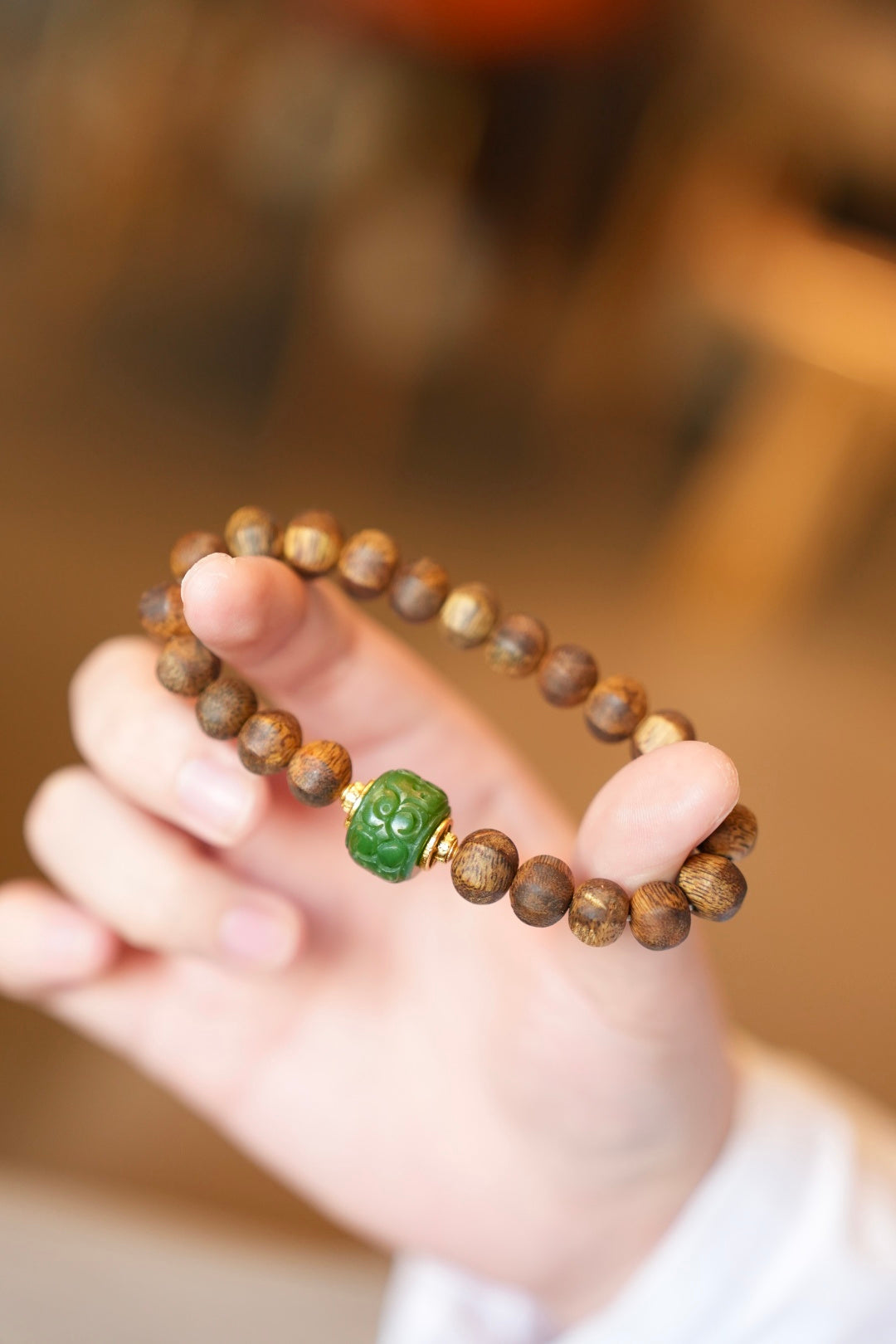 Kynam Agarwood Bracelet, Carved Nephrite Jade Focal