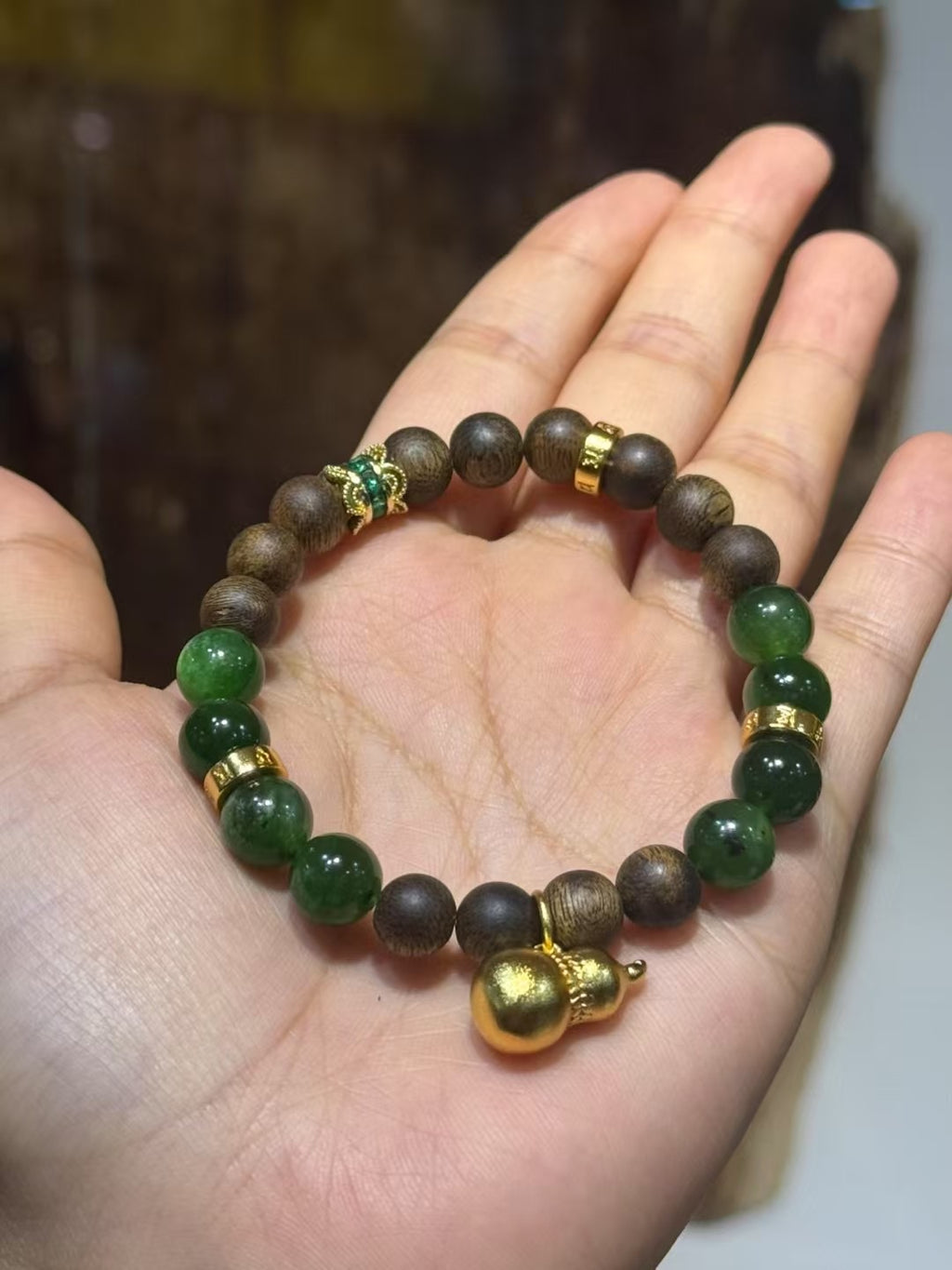 Kynam Agarwood Bracelet, Spinach Jade & Gourd Charm, 8mm