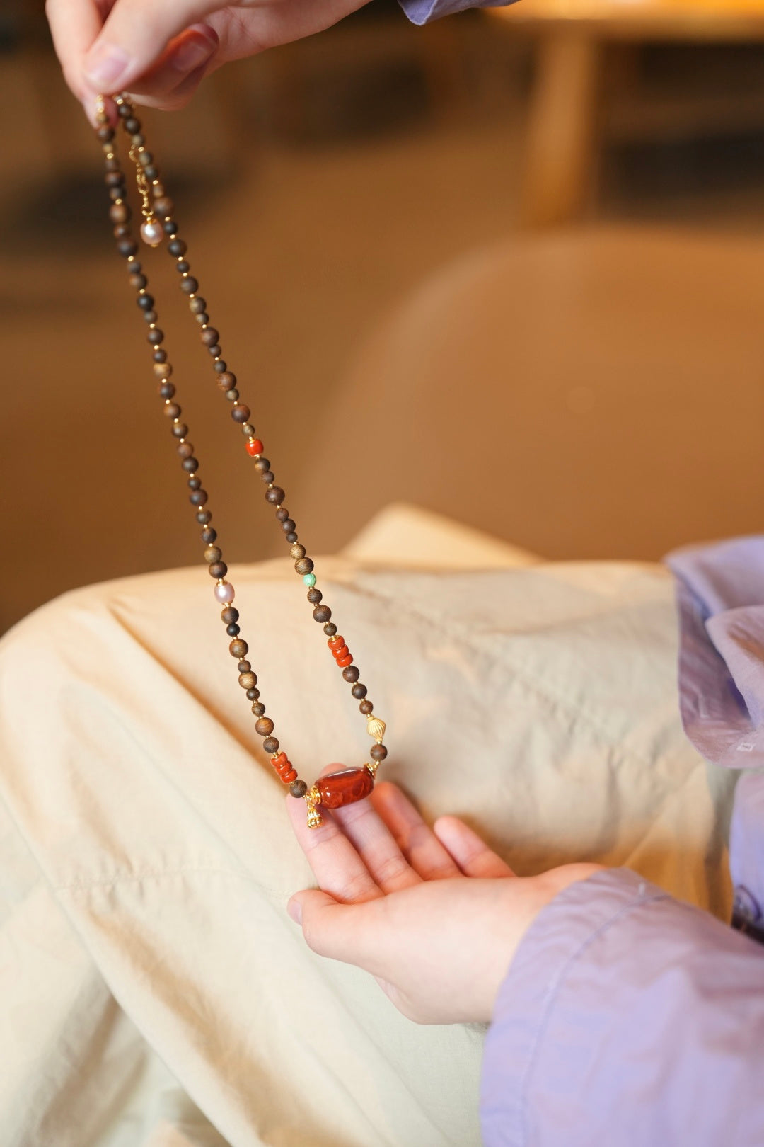 Kynam Agarwood Necklace, South Red Agate Focal, Turquoise & Pearl Accents