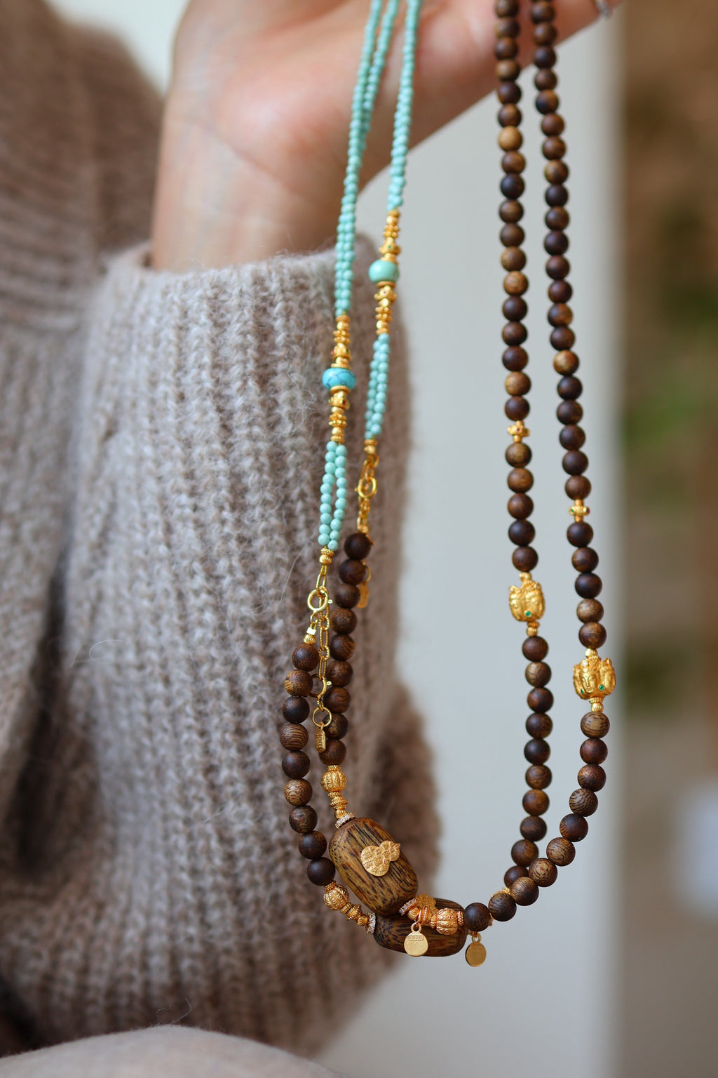 Kynam Agarwood Necklace, Turquoise & Turtle Charms, 60 cm, Detachable
